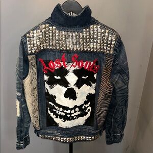 Studded Denim Jacket with Graphic Skull Patch